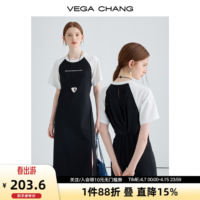 VEGA CHANG短袖t恤连衣裙女2024年夏新款高级感港味复古chic裙子 简约黑 XS