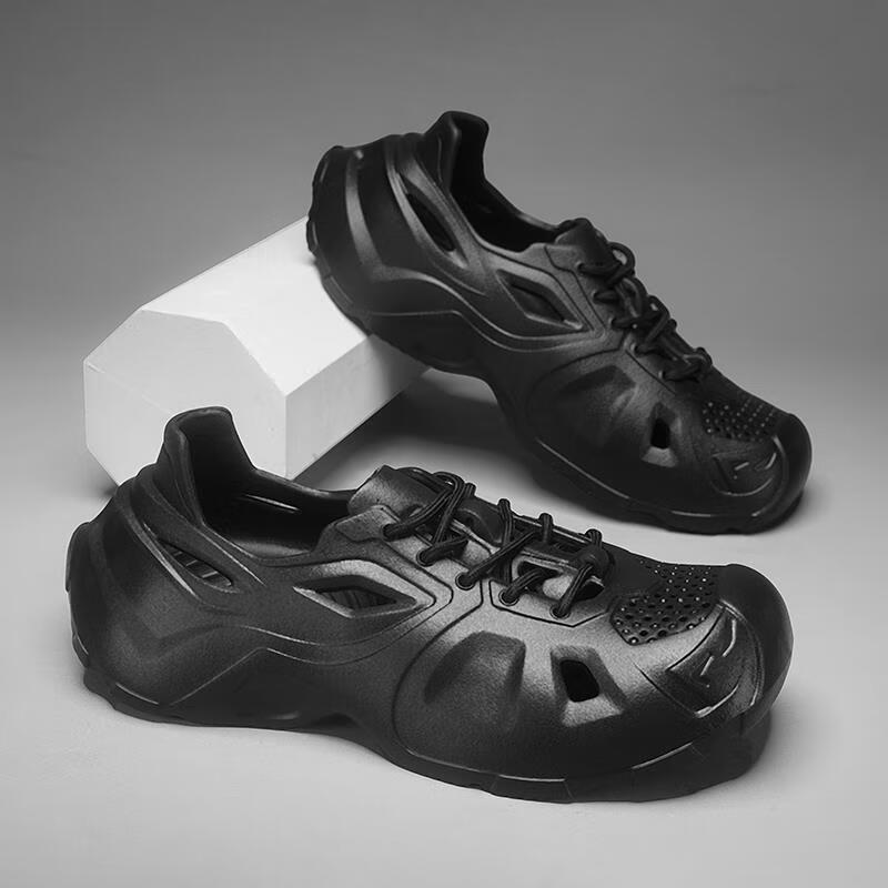 洞洞鞋男2024新款夏季沙滩拖鞋男士开车运动外穿厚底椰子凉鞋 黑色 41