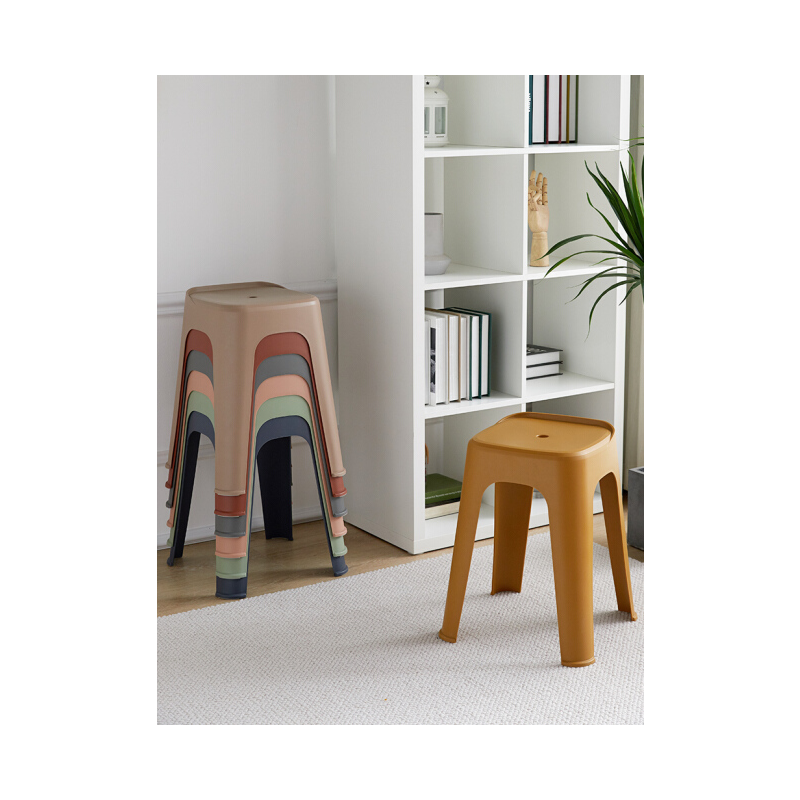 塑料凳子时尚简约家用加厚方凳餐桌胶椅子防滑网红板凳塑料高凳 姜黄色【加强加大款】 48cm高