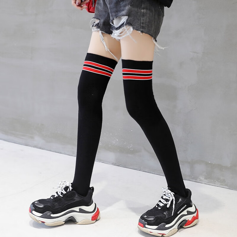 二杠高筒袜纯棉日系学院风长筒袜百搭长袜 双色二杠过膝红条红条纹
