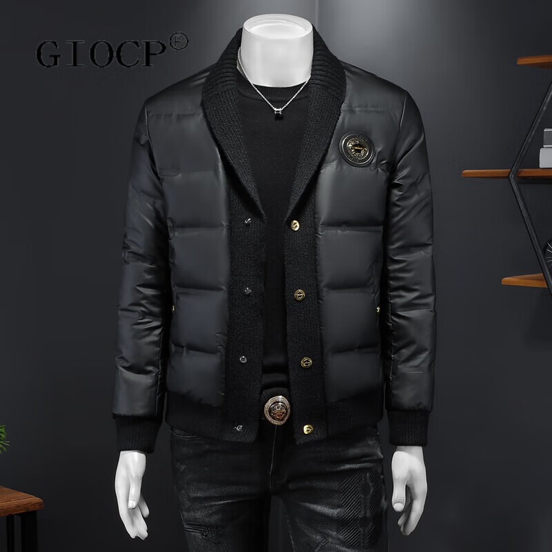 GIOCP香港潮牌西装领羽绒服男士冬季新款毛领潮流修身短款外套男装 黑色 M