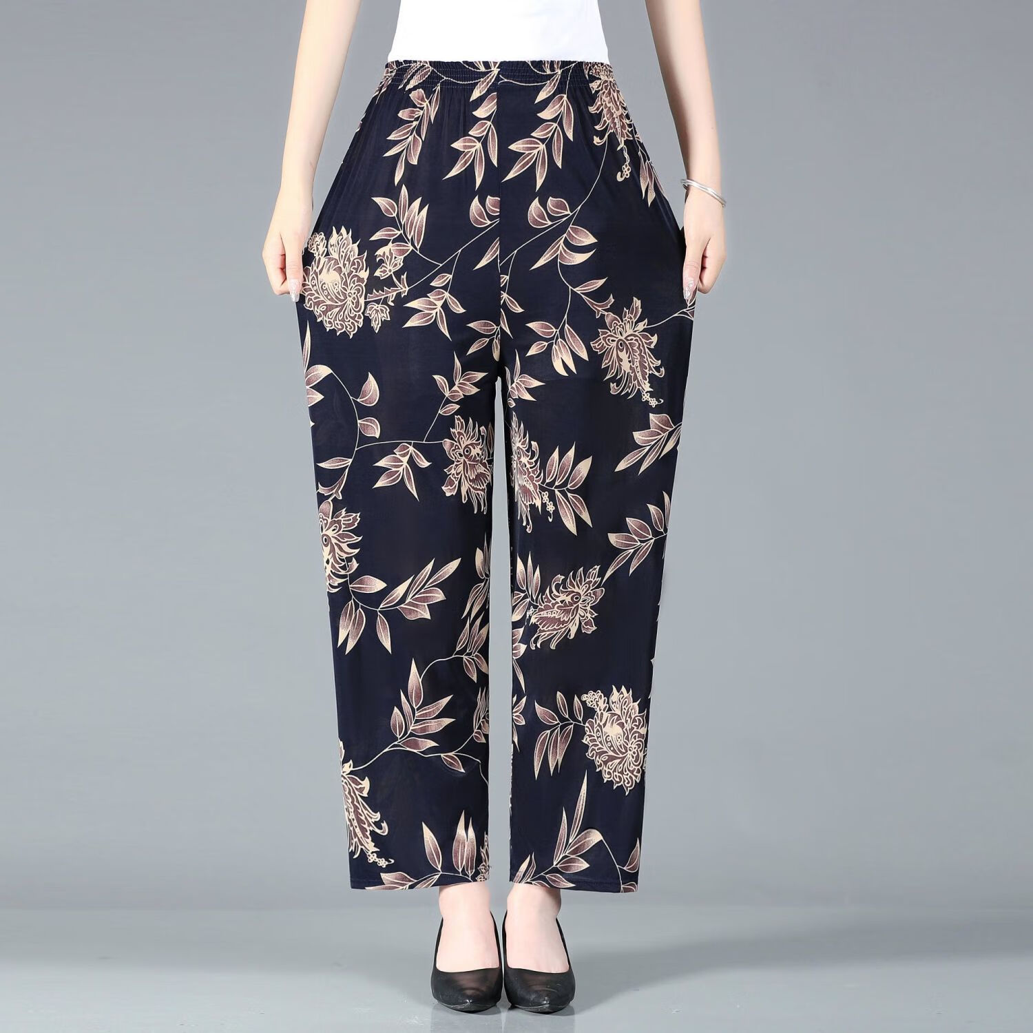 糖哆老人花裤子中老年女裤春秋季夏季薄款中老年女裤高腰弹力大码妈妈