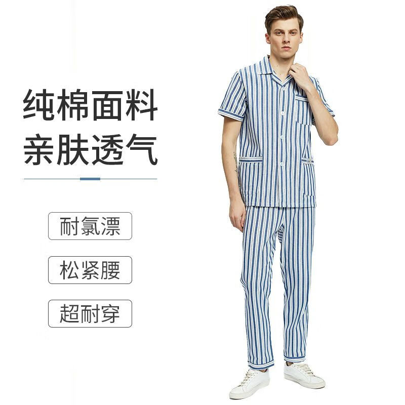 古溫倫精神病院衣服睡衣病號服純棉服長短袖病員服分體套裝舒適住院寬松 藍(lán)色短袖套裝 男【面料】 XL