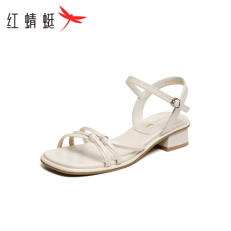 红蜻蜓高跟凉鞋女2024夏季法式一字带粗跟气质凉鞋 WLK24082米色38