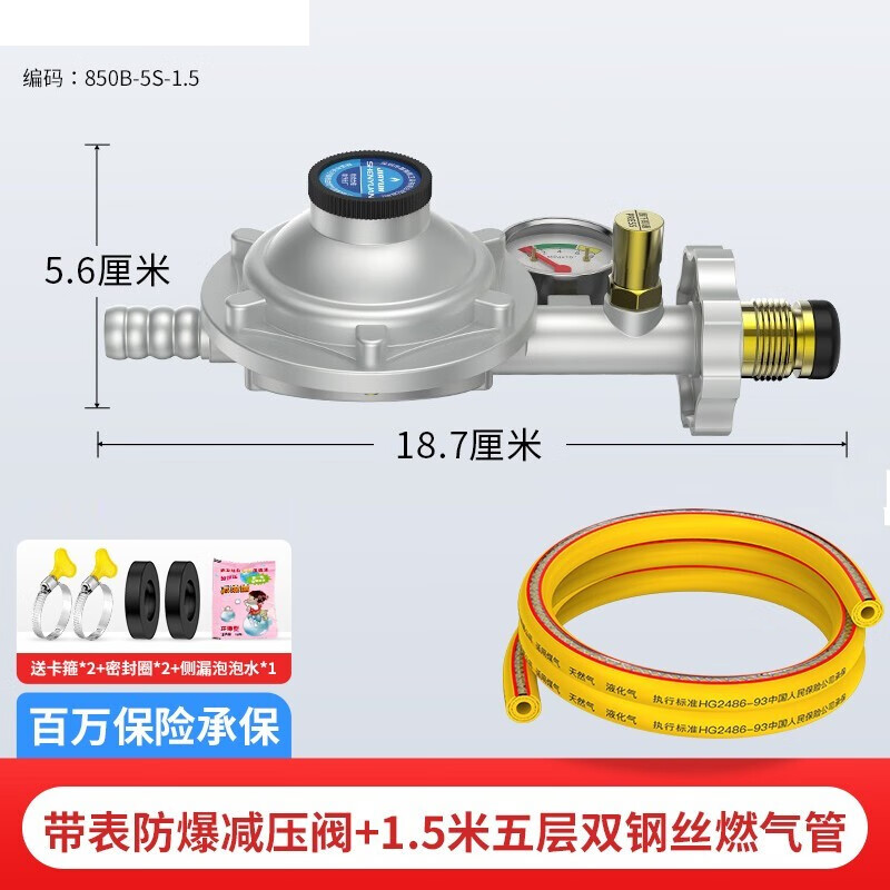 家韵燃气煤气减压阀液化气防爆低压阀煤气灶热水器稳压阀煤气瓶阀门 【JD快递】带表单咀减压阀+加厚钢丝煤气管1.5米