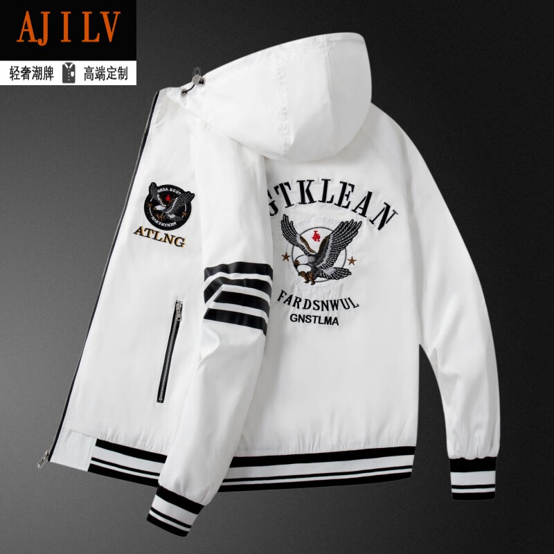 ajilv品牌轻奢潮牌老鹰连帽刺绣个性时尚潮流春季新款百搭夹克 白色 m
