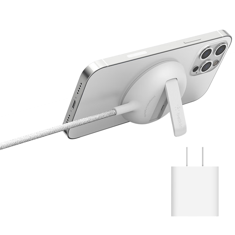 贝尔金(BELKIN）苹果MagSafe磁吸充电器 15W无线iPhone快充底座支架充电板 含PD电源 MFI认证 WIA004白实付360元