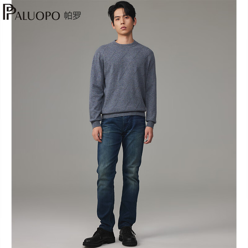 帕罗（PALUOPO）秋冬新款男士纯山羊绒衫休闲舒适保暖高支纱长袖套头毛衣上衣 中灰彩点 M (105码)