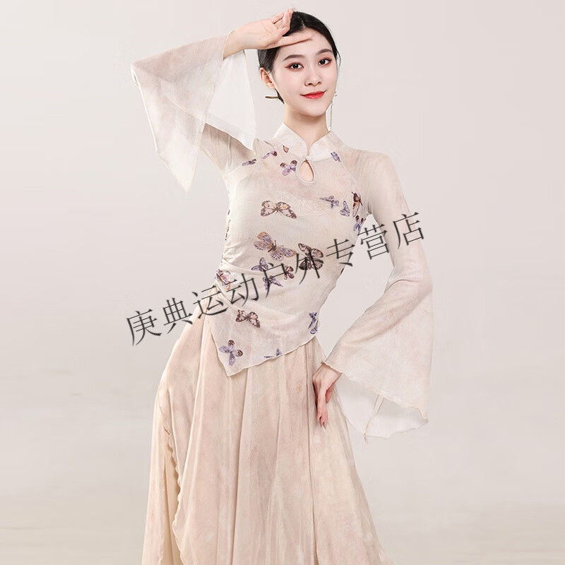 炫逐古典舞蹈服装身韵飘逸纱衣女中国舞练功服演出服装套装 裸杏纱衣 XXL