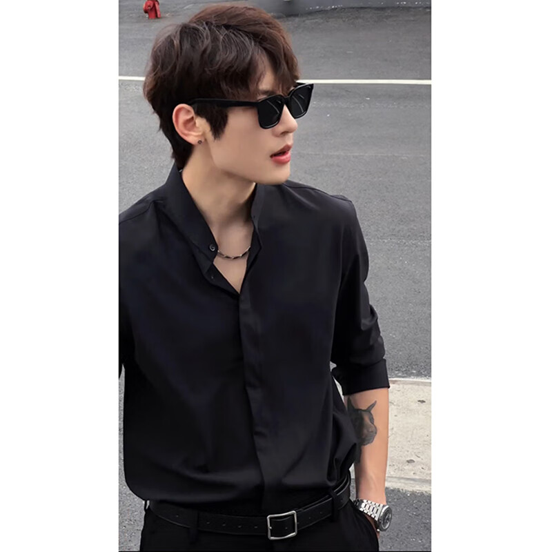 汀晨盐缩衬衫西装内搭黑色男长袖感痞帅polo0衫意式那不勒斯春 黑色 s