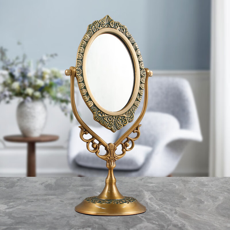 橡树庄园台式梳妆台复古铜镜圆弧黄铜艺梳妆镜书房酒店咖啡厅家居装饰