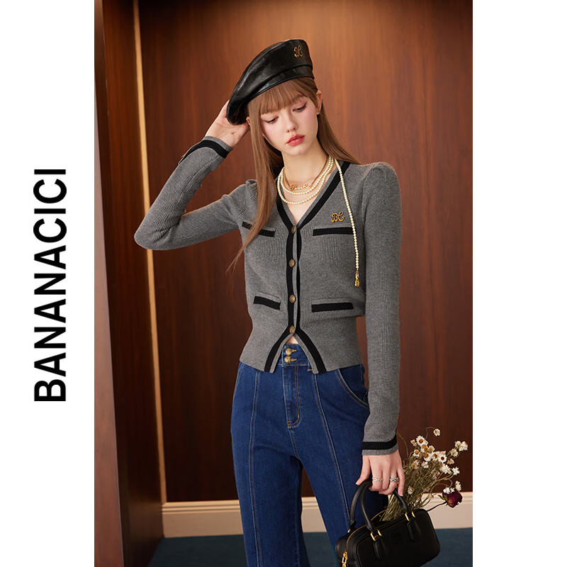 banana cici2024年秋冬新款小香风撞色v领下摆开衩泡泡袖针织开衫C244MY152 浅灰 L