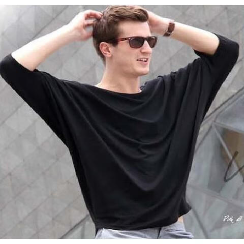 绅栩蝙蝠衫男士宽松夏季个性t恤肥老中袖胖子装英伦韩版潮男t恤七分袖