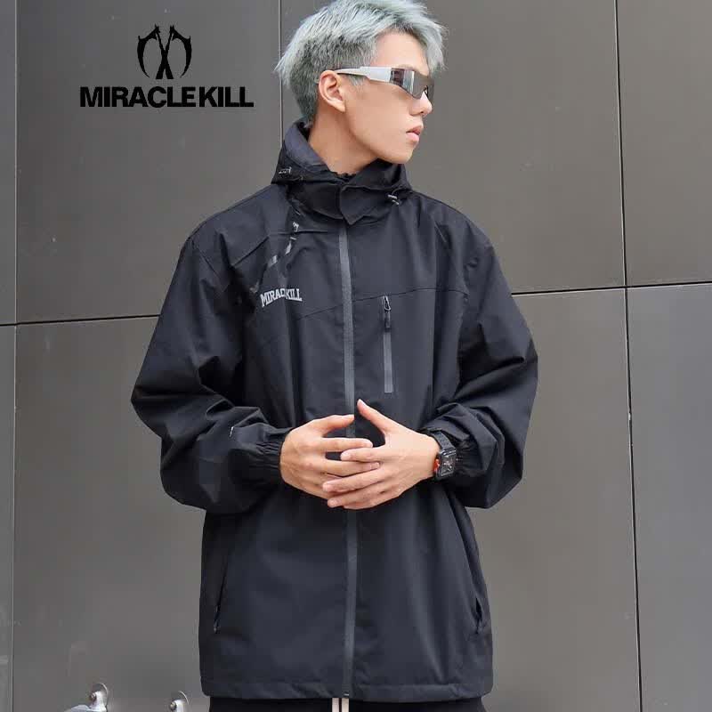 MIRACLE KILL 街头拉链MK英文字母防风防水美式风衣连帽外男女 黑色 XL高性价比高么？