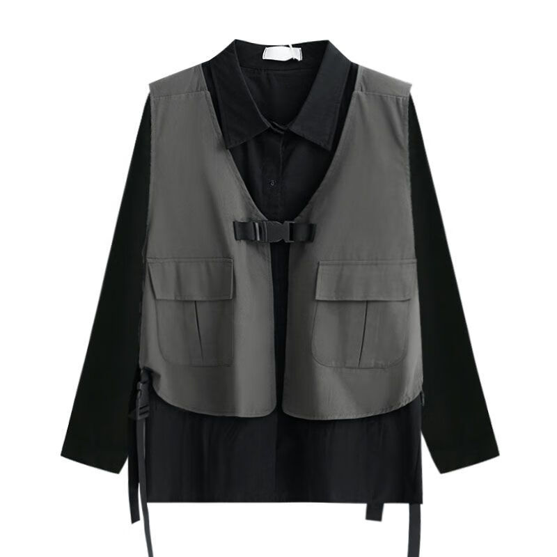 法式工装复古衬衫青安暗黑系工装机能风中性风国潮宽松短袖衬 银灰色