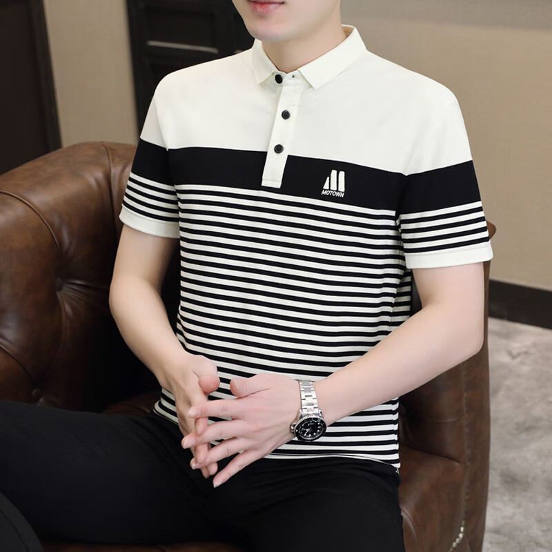 荣西图(rongxitu)高档男士短袖polo衫夏季新款翻领条纹休闲商务上衣服