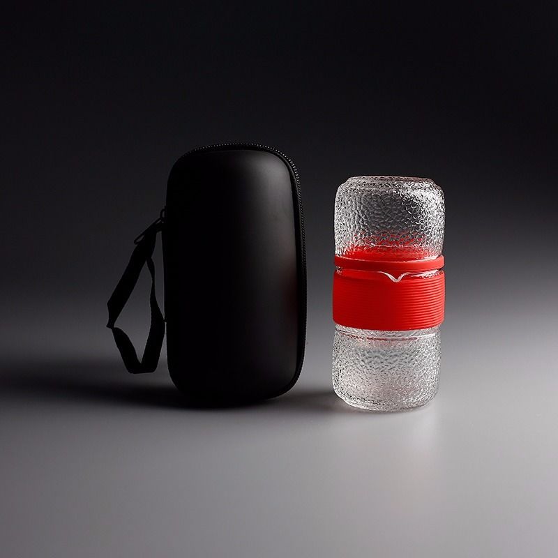 玻璃旅行茶具套装便携包快客随身一壶二杯功夫茶艺杯飘逸杯泡茶壶 锤纹玄红玻璃旅行套装