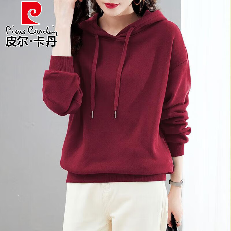 皮尔卡丹品牌高档女装 卫衣女连帽秋冬季新款加绒套头上衣枣红色高级