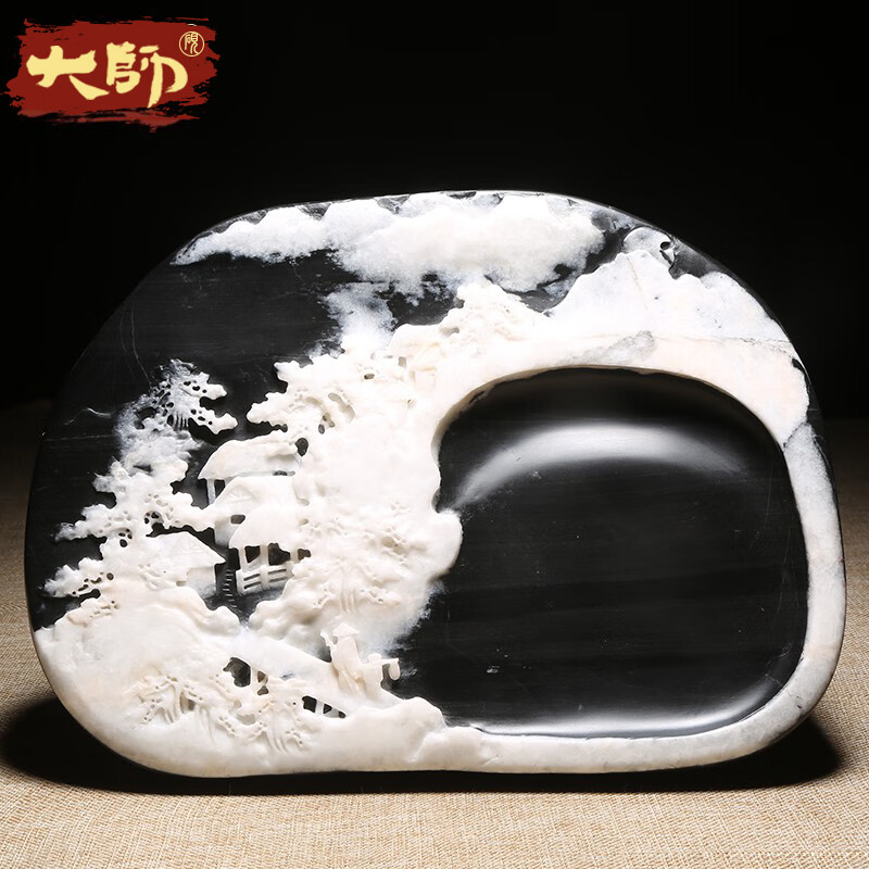 维新非遗歙砚名师作品《风雪夜归人》天然原石砚台老坑黑龙尾砚石手工