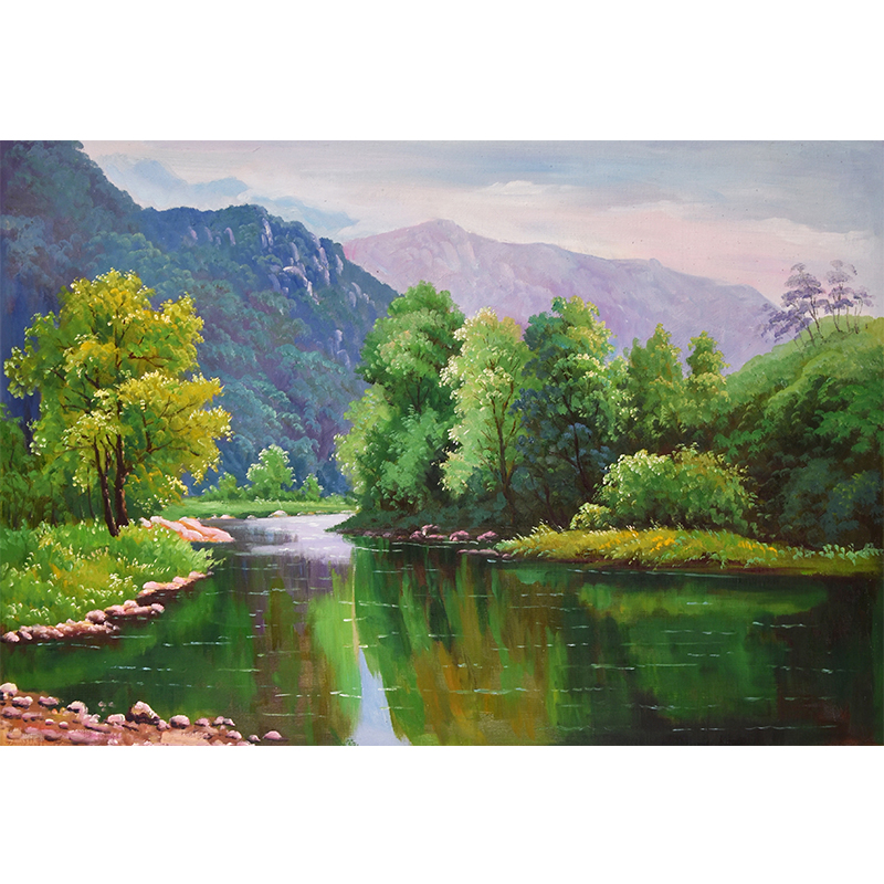 大尺幅 河边景色 手绘风景布面油画