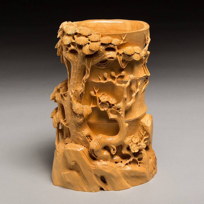 豪金聚小叶黄杨木雕 办公室家居手工雕刻工艺品根雕笔筒摆件岁寒三友