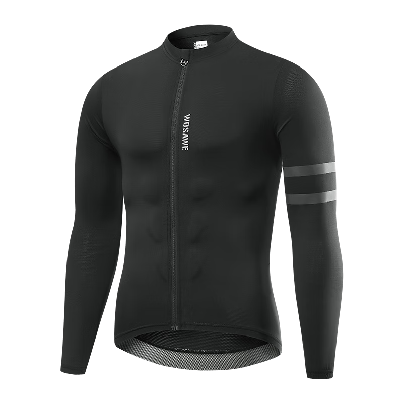 沃薩維(WOSAWE)公路自行車春秋新品騎行服男上衣山地車硅膠坐墊騎行背帶褲單車服 秀彩-黑色長袖 炫彩反光 2XL (適合90-100公斤)