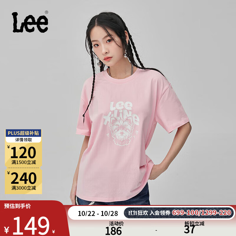 Lee24新品舒适版小狗图案印花圆领女短袖T恤潮流LWT0082494LE 浪漫粉 L