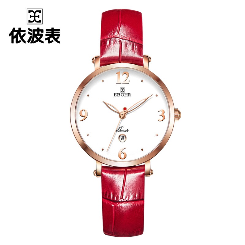 依波（EBOHR）手表时尚休闲皮带石英女表 INS小红表日历显示气质百搭 活力红36510146