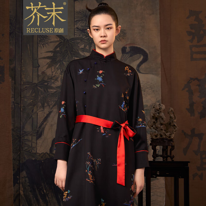 recluse 沉香 夏季新款复古印花国风连衣裙腰部系带改良中式旗袍裙