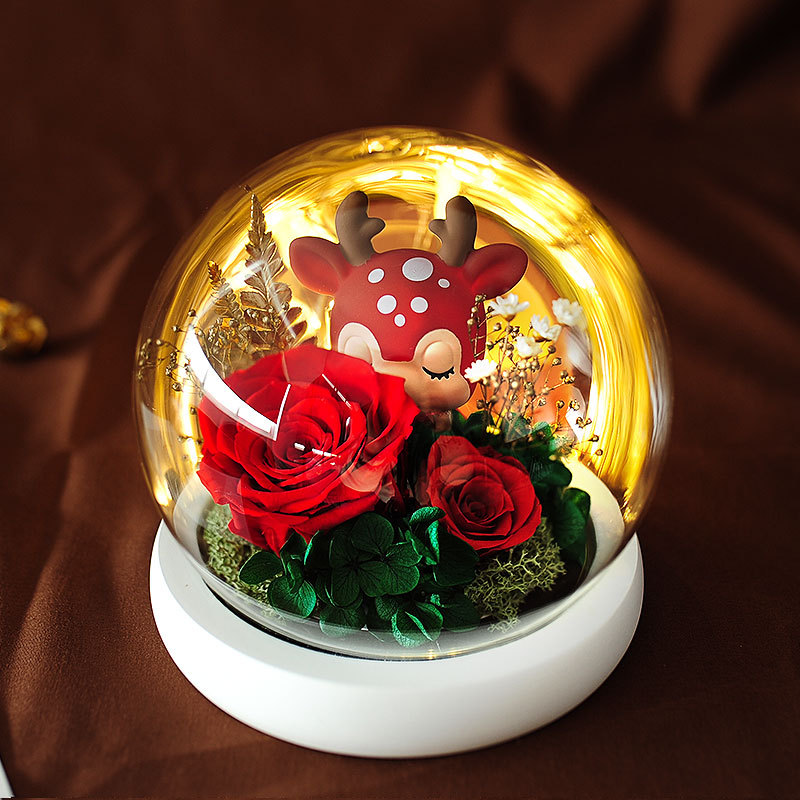 永生花小鹿公仔玻璃罩礼盒 圣诞节情人节创意礼品送女友永生花成品 永生花小鹿公仔（红色）
