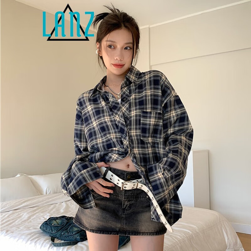 岚烨 韩版复古格子衬衣外套女装秋季bf风宽松痞帅长袖衬衫外搭上衣潮