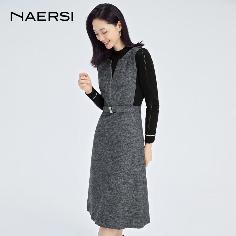 NAERSI/娜尔思香风高级感拼接针织连衣裙2022秋冬新款收腰裙 淡灰色 42/XL