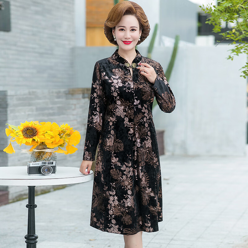 百丽驼美士(balitomms)严选妈妈春春季长袖连衣裙中老年女装改良旗袍