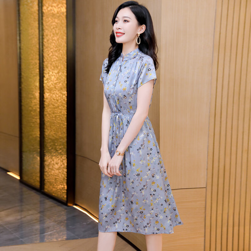 锦裳淑夏季新款重磅真丝连衣裙高级感大牌印花收腰显瘦洋气桑蚕丝a字