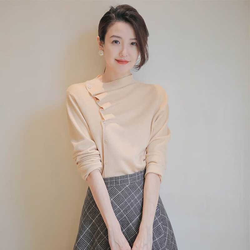 优雅知性气质褶皱领打底针织衫春新款洋气修身显瘦别致上衣女 米驼色