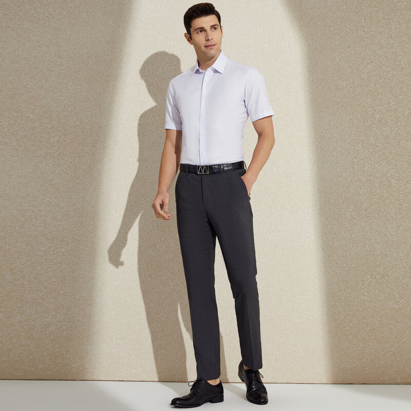 MAYOR男装衬衫 ALUMO高支全棉商务简约细格蓝紫色短袖衬衫 粉紫色 170/84A