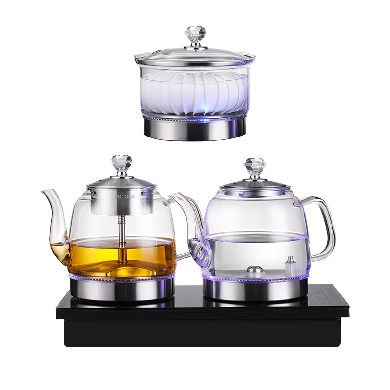 恒功 全自动底部双边下上水电热烧水壶玻璃壶茶台桌泡茶专用一体嵌入式煮茶器套装 黑色【双上水】三合一套装