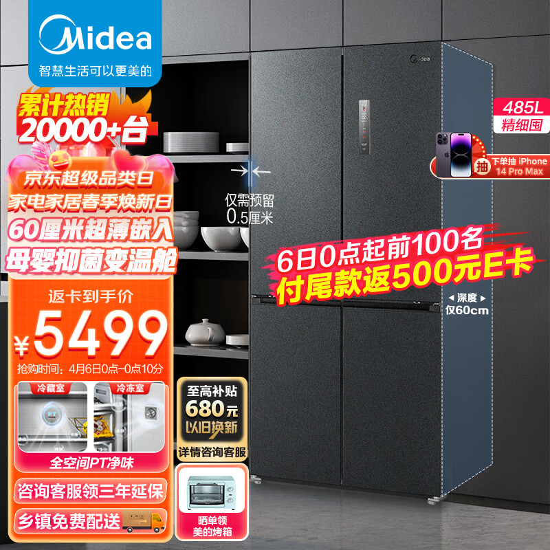 美的（Midea）60厘米薄系列485升十字对开双开门四开门超薄可嵌入家用智能电冰箱一级变频BCD-485WSPZM(E)大容量属于什么档次？