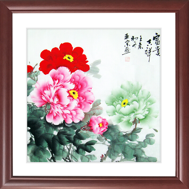 中式有框画三联富贵吉祥如意牡丹花书房沙发背景客厅装饰墙挂壁画 1