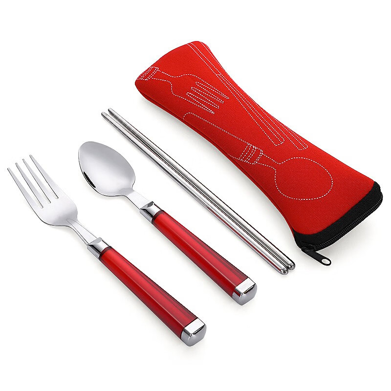 欧圣美 便携不锈钢筷子勺子叉子餐具套装筷叉勺三件套 旅行3件套装 颜色随机