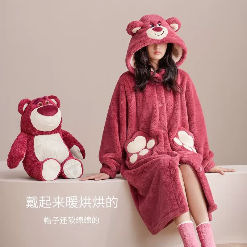 蜓秀卡通玉桂狗草莓熊女2023秋冬网绒外穿加厚暖暖套装 草莓熊 均码【80-150斤】使用感如何?