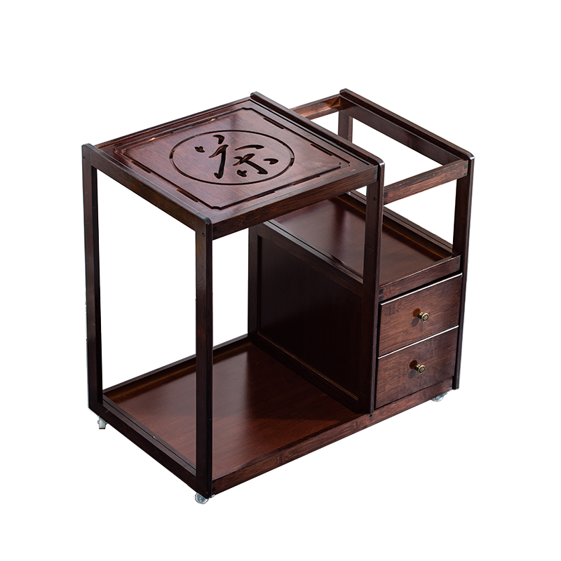 淘慕 移动茶台桌茶车简约家用茶水柜实木竹质小茶几桌茶盘功夫套装 酒红色茶字66(双抽)+带盖板