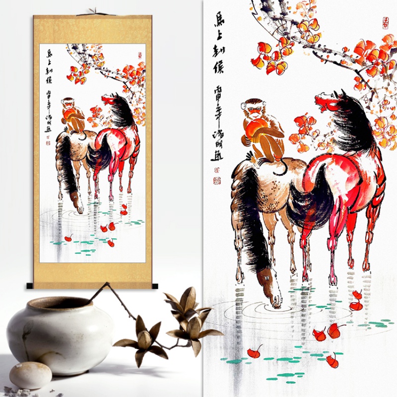 马到成功挂画八骏图客厅装饰画骏马图马上封候丝绸卷轴国画生肖画 10