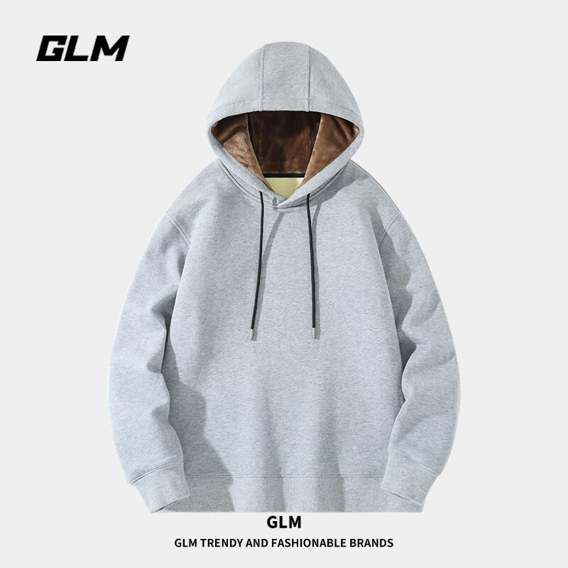 GLM森马集团品牌连帽卫衣男冬季加绒款户外保暖潮牌休闲男生大码外套 「灰」#GL纯色 L