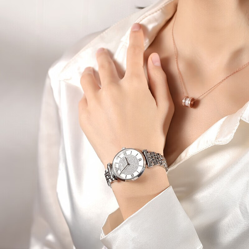 EMPORIO ARMANI 阿玛尼满天星手表女 明显同款时尚生日七夕情人节礼物送女友 银色表带 AR1925