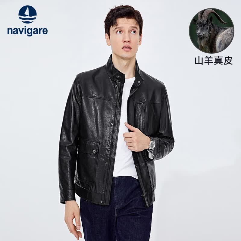 Navigare意大利小帆船真皮皮衣男士2023秋季新款羊皮大衣立领时尚机车服 暗夜黑 L/50高性价比高么？