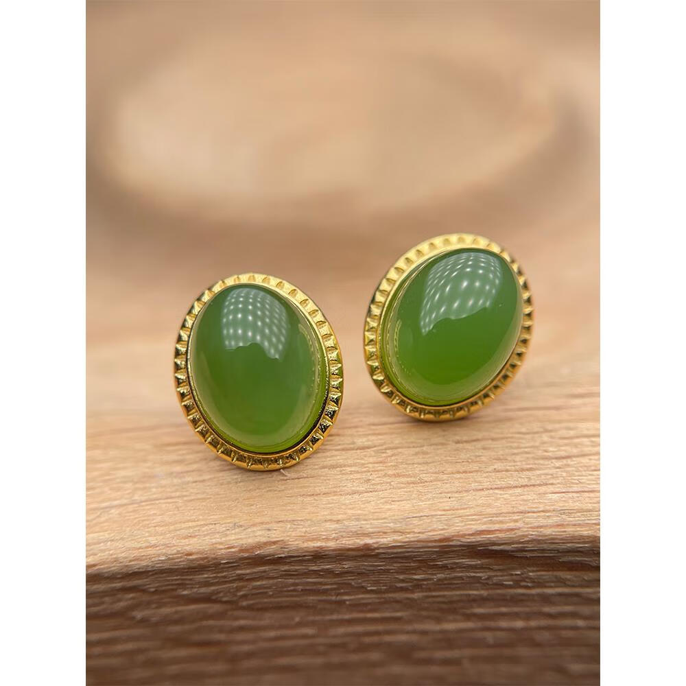 蓝翠缘  天然碧玉菠菜绿18k金镶嵌金镶玉耳钉 耳饰配饰轻奢感送礼耳环