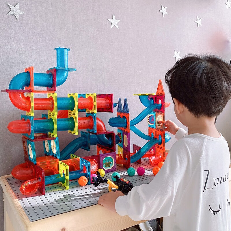 纽奇（Nukied）儿童积木玩具磁力片彩窗轨道拼装积木车3-