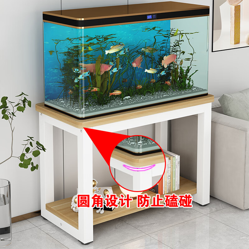 豪瑞森鱼缸架钢木底柜客厅金属架子铁艺置物架储物架子鱼缸桌子底座底架 黑架+柚木【桌面圆角】 80x45x50cm