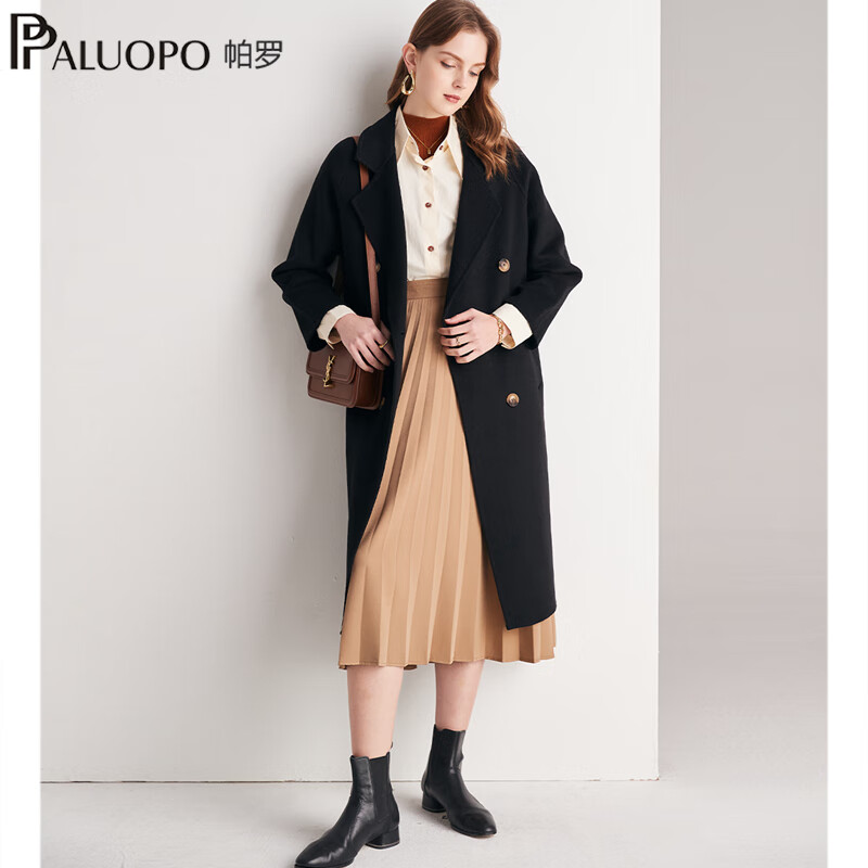 帕罗(PALUOPO)秋冬新款女装毛呢大衣时尚优雅翻领系腰带显瘦百女式羊毛外套 45%羊毛102 M 160/84A